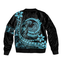 Unisex bomber jacket, black with turquoise back wave and plumeria graphic, ribbed hem