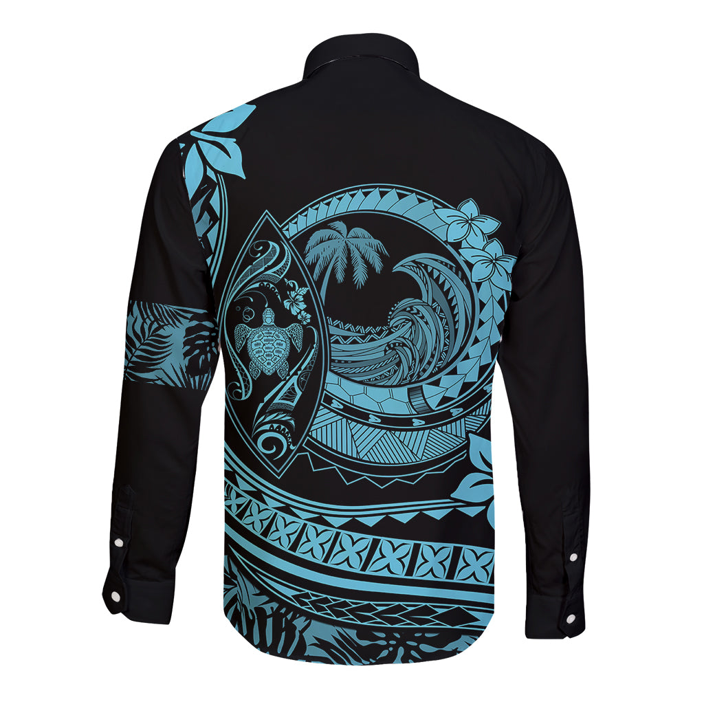 Black long sleeve button shirt with turquoise back wave and floral plumeria print