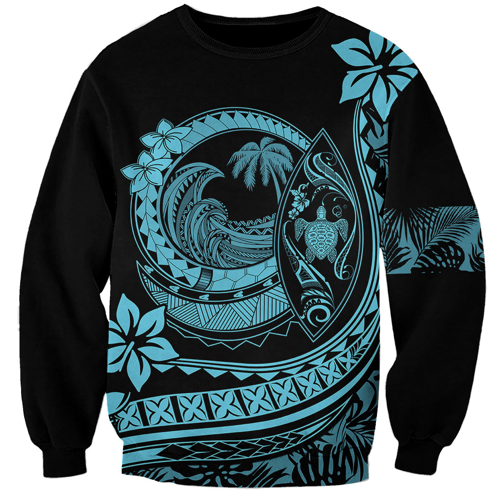 Black crewneck sweatshirt with large turquoise Polynesian style surf graphic on front