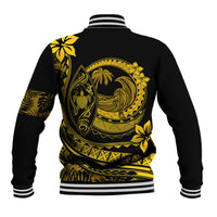 Unisex yellow-and-black baseball jacket with large wave crest graphic, striped hem
