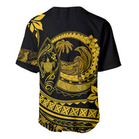 Black baseball jersey back with yellow Polynesian wave and palm print