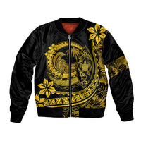 Unisex bomber jacket, black with yellow Polynesian-style wave and plumeria graphics, zip front