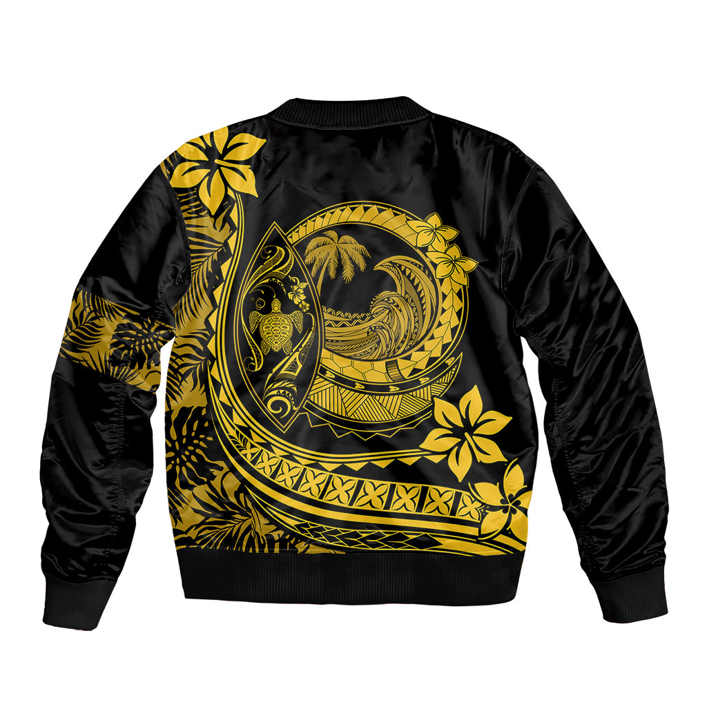 Unisex bomber jacket, black with yellow back graphic of waves, moon, and hibiscus, rib hem