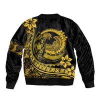 Unisex bomber jacket, black with yellow back graphic of waves, moon, and hibiscus, rib hem
