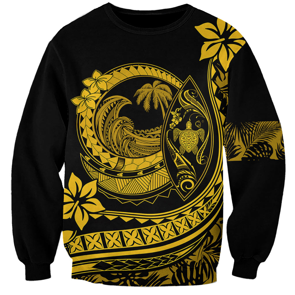 Unisex crewneck sweatshirt in black with large yellow tropical wave and plumeria graphic