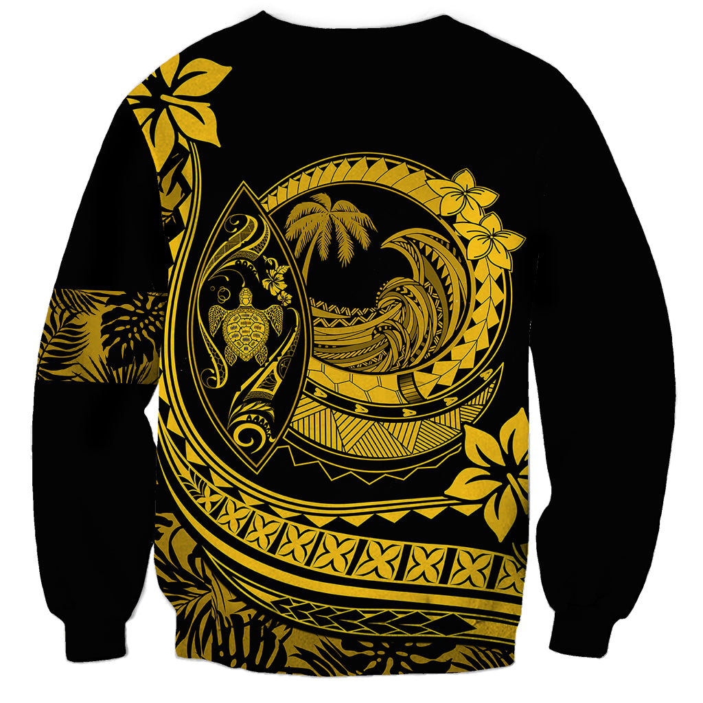 Unisex black crewneck sweatshirt with back-style yellow circular wave, turtle, and plumeria art