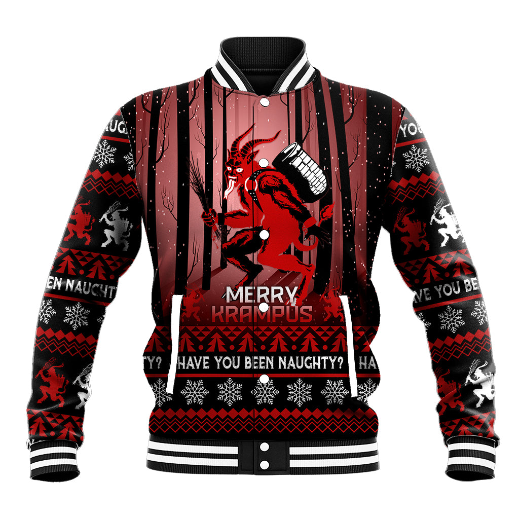 Black baseball jacket with red Krampus graphic, striped collar and button front