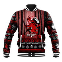 Black baseball jacket with red Krampus graphic, striped collar and button front