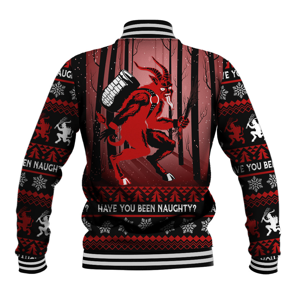 Black baseball jacket back with red Krampus print, striped cuffs and ribbed hem