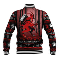 Black baseball jacket back with red Krampus print, striped cuffs and ribbed hem