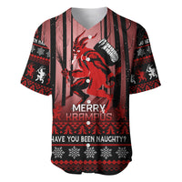 Black and red Christmas baseball jersey with Krampus graphic and 'Merry Krampus' text