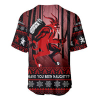 Black and red Christmas baseball jersey with Krampus graphic and 'Have You Been Naughty?' text