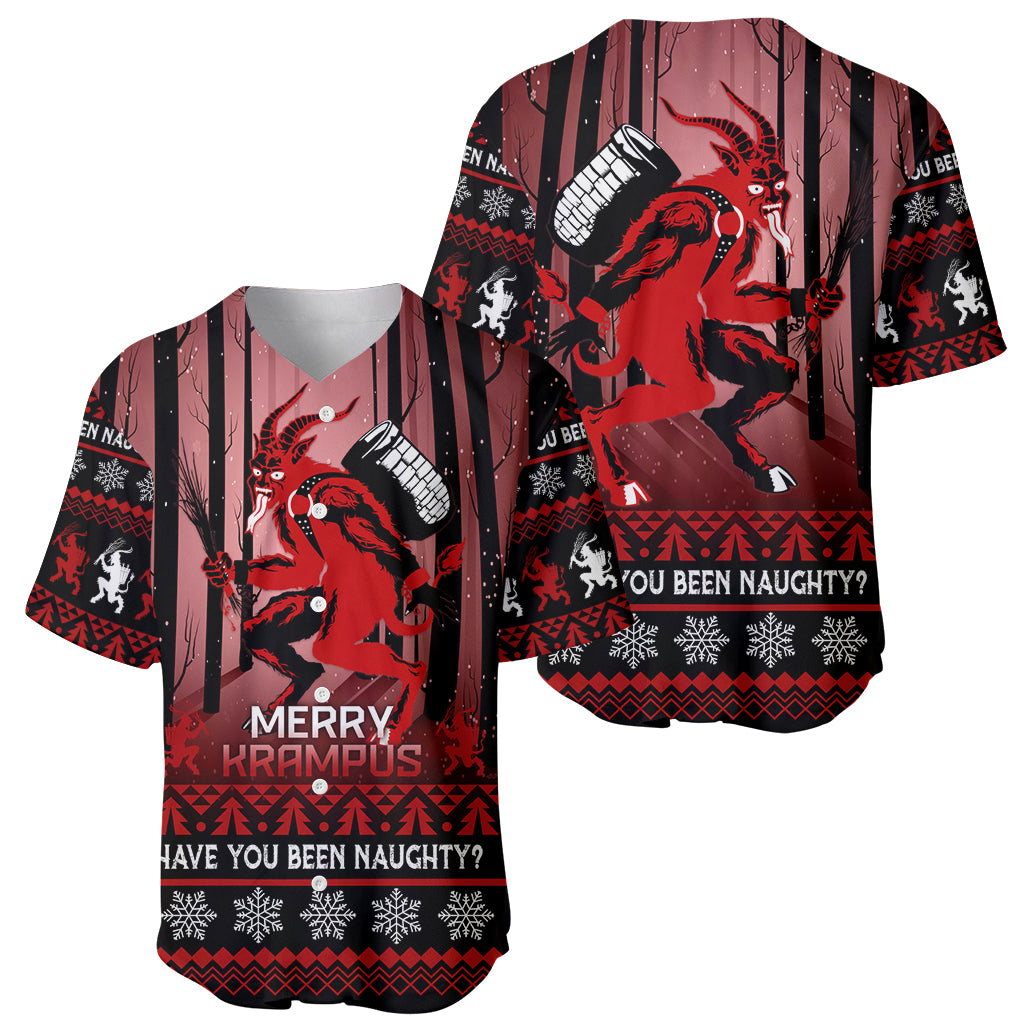 Black and red Christmas baseball jersey with Krampus graphics, front and back views