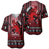 Black and red Christmas baseball jersey with Krampus graphics, front and back views