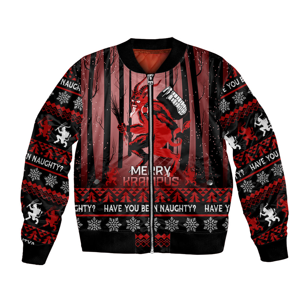 Black unisex Christmas bomber jacket with red/white graphic striped print and front zip