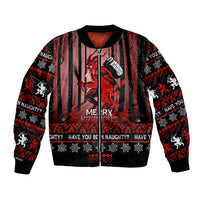 Black unisex Christmas bomber jacket with red/white graphic striped print and front zip