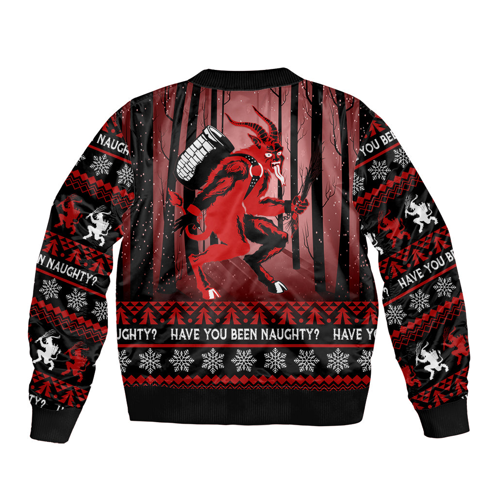 Black unisex Christmas bomber jacket with large red character graphic, striped print and ribbed cuffs