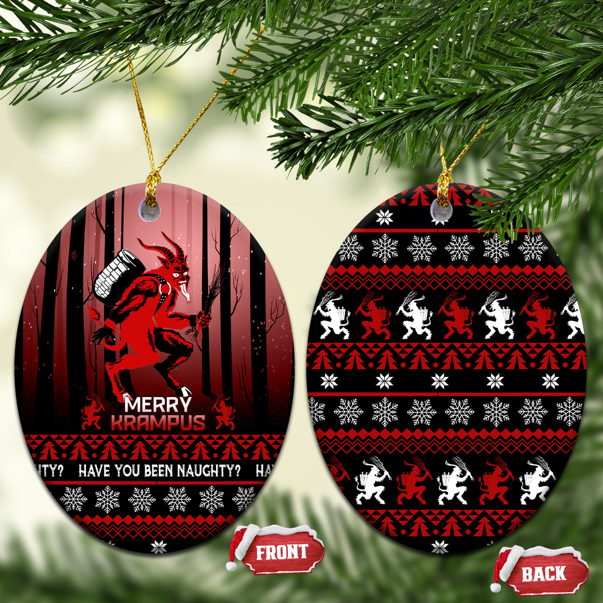 Two hanging black ceramic Krampus Christmas ornaments with red striped print; front and back shown.