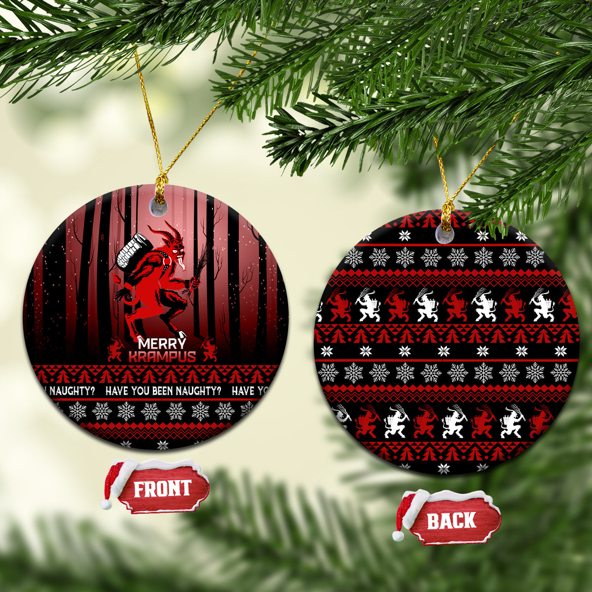 Black ceramic Christmas ornament with red Krampus print, hanging loop, 'Merry Krampus' text.