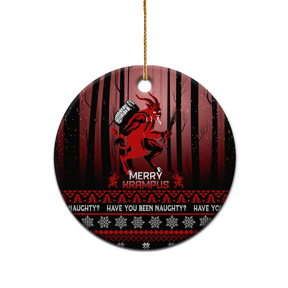 Black ceramic Krampus Christmas ornament with red vertical stripe print and 'Merry Krampus' text.
