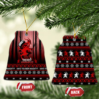 Hanging black ceramic Krampus Christmas ornaments with red print; front and back views shown.