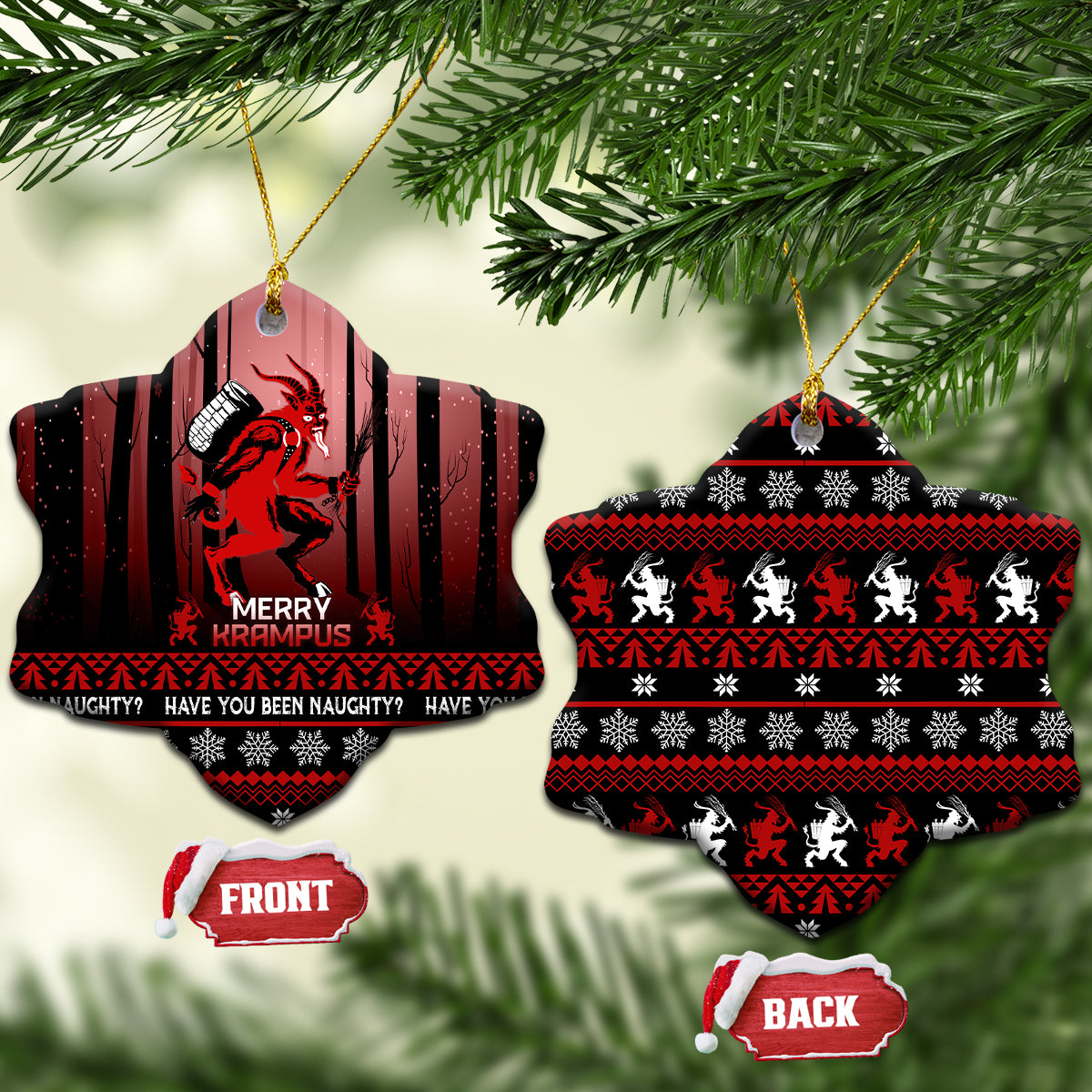 Two hanging black ceramic Krampus Christmas ornaments with red artwork; front and back labels shown.