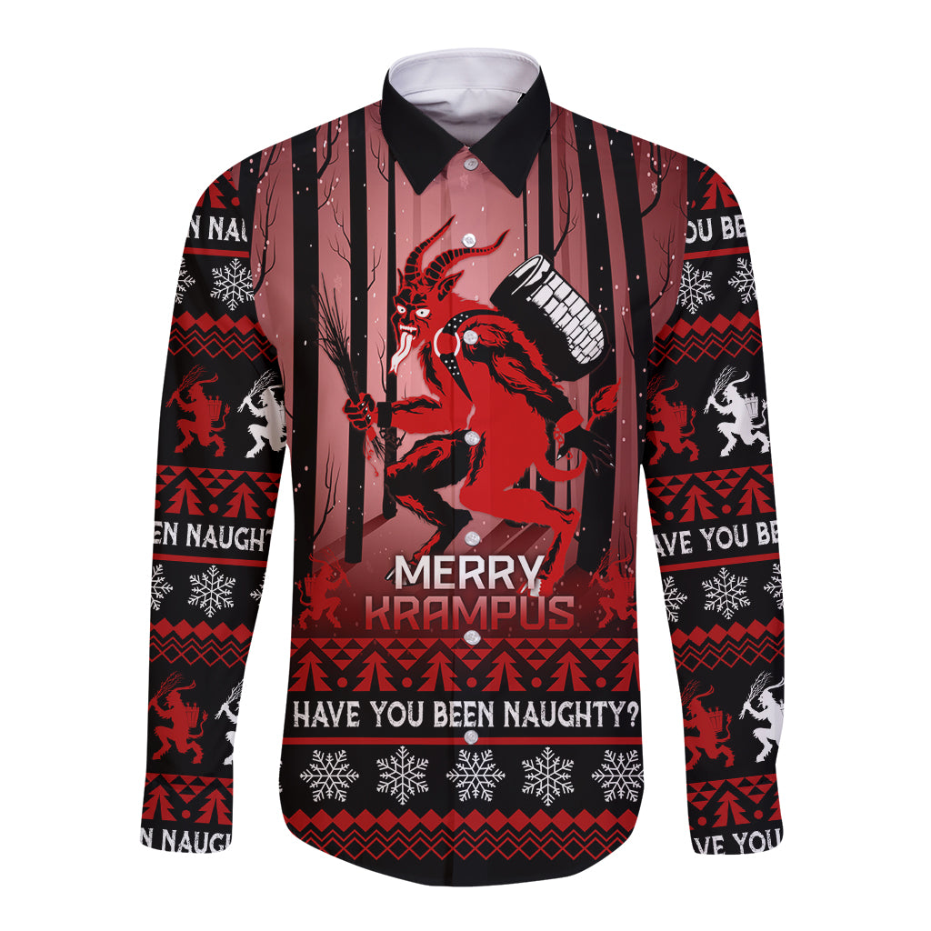 Black long-sleeve button shirt with red Krampus graphic and holiday pattern, 'MERRY KRAMPUS'