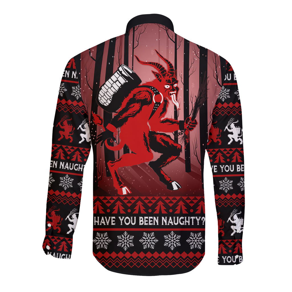 Black long-sleeve button shirt with red Krampus scene, striped background, 'HAVE YOU BEEN NAUGHTY?'
