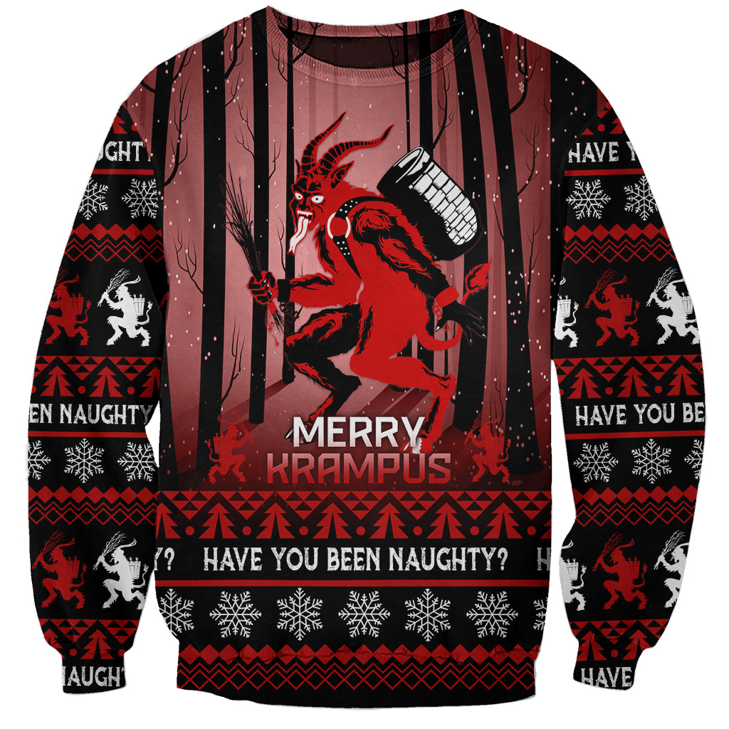 Unisex black Christmas sweatshirt with red Krampus graphic and Merry Krampus text