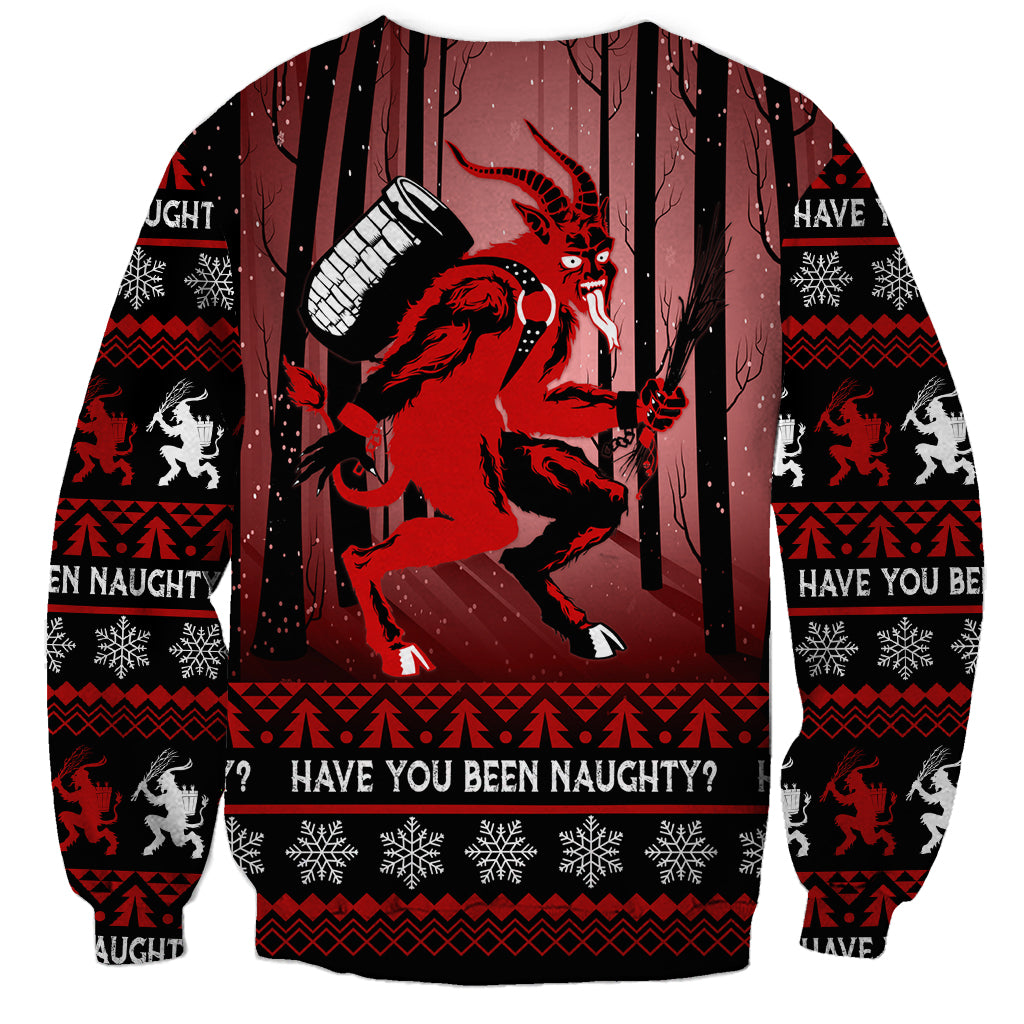 Unisex black Christmas sweatshirt with red Krampus graphic and “Have you been naughty?” text