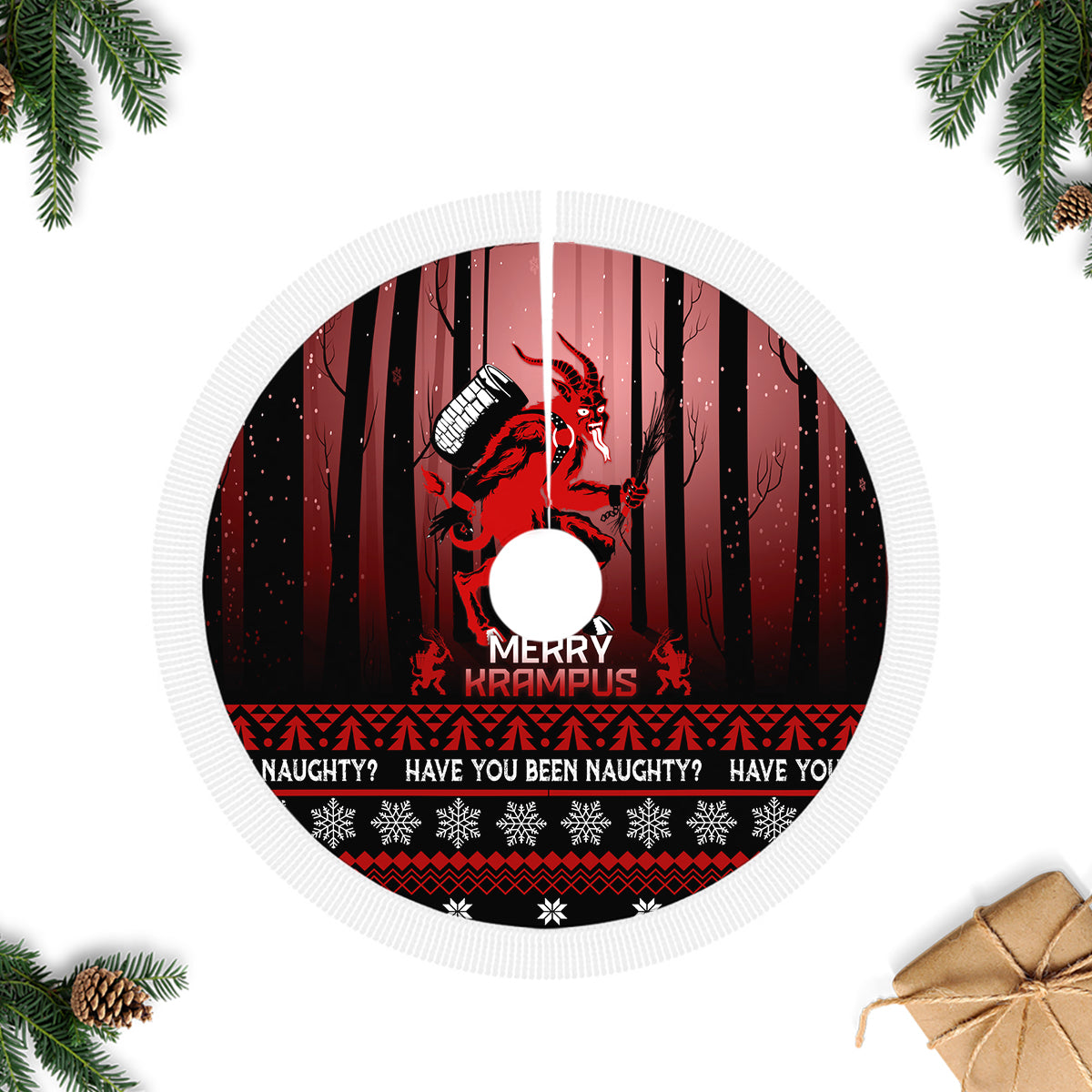 Black Christmas tree skirt with white fringed edge and centered 'Merry Krampus' text.