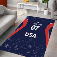 Blue area rug with red curved stripes, stars, and 'YOUR TEXT 07' and 'USA' center
