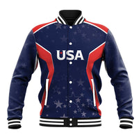Blue baseball jacket with star print, red/white side panels, snap front and ribbed collar