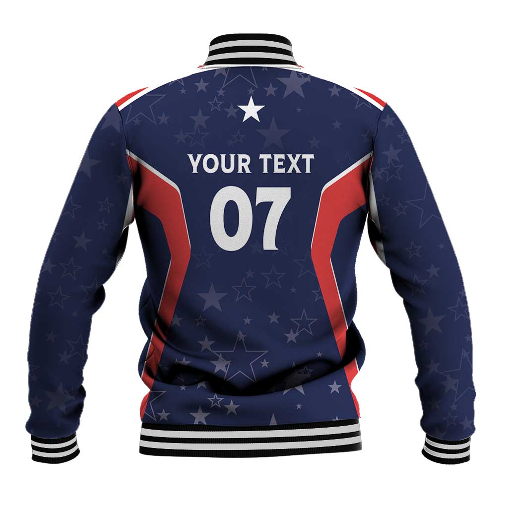 Blue baseball jacket back with star print, red/white side panels, 'YOUR TEXT 07' design