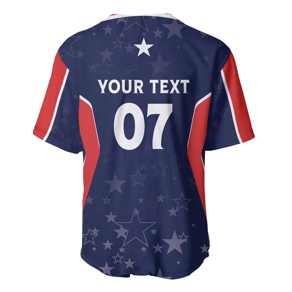 Navy baseball jersey back with 'YOUR TEXT 07', star pattern, red and white side stripes.