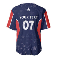 Navy baseball jersey back with 'YOUR TEXT 07', star pattern, red and white side stripes.