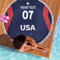 Round navy beach blanket with white fringe, 'YOUR TEXT 07 USA' centered print