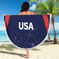 Round navy beach blanket with white fringe, large 'USA' and '07' graphic