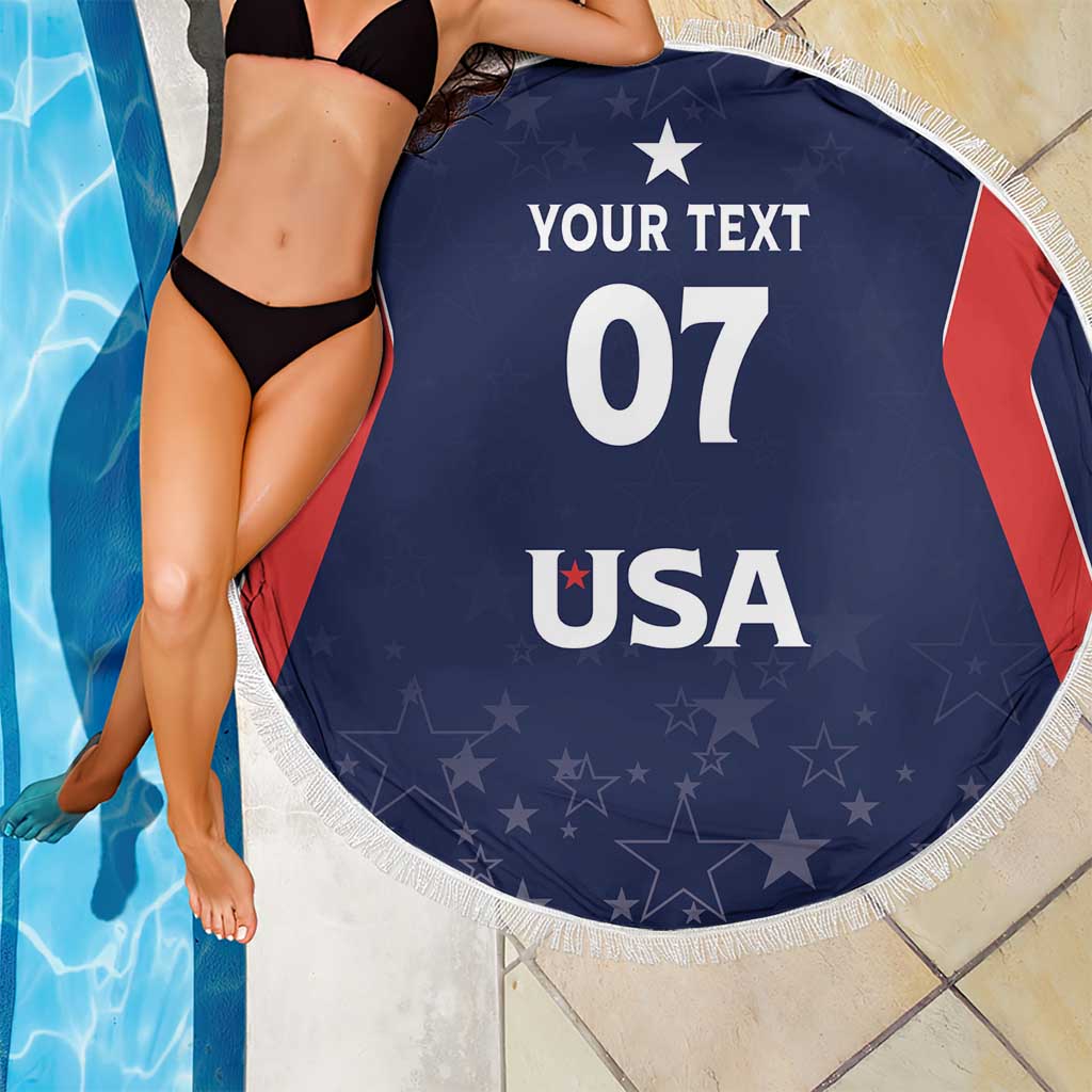 Round navy beach blanket with white fringe, 'YOUR TEXT 07 USA' overlaid print