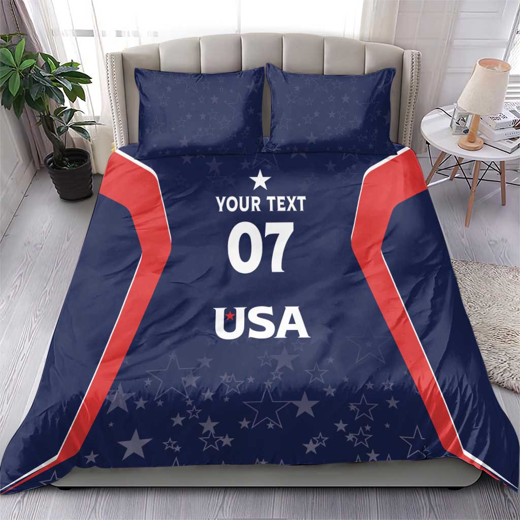 Blue and red USA duvet bedding set with 'YOUR TEXT 07 USA' on front, 2 shams