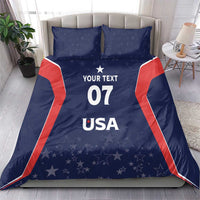Blue and red USA duvet bedding set with 'YOUR TEXT 07 USA' on front, 2 shams