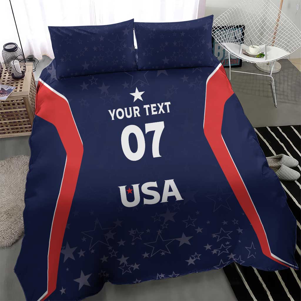 Blue and red USA bedding set with 'YOUR TEXT 07 USA' duvet and 2 matching shams