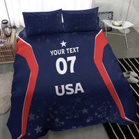 Blue and red USA bedding set with 'YOUR TEXT 07 USA' duvet and 2 matching shams