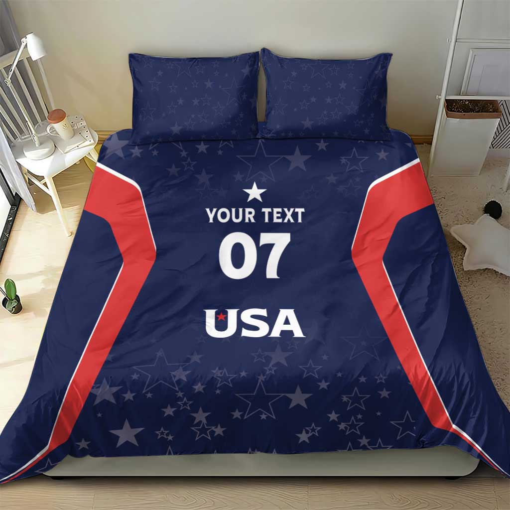 Blue and red USA bedding set with 'YOUR TEXT 07' and 'USA' on duvet, 2 pillow shams