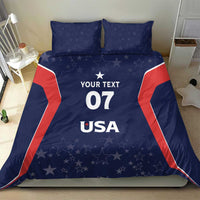 Blue and red USA bedding set with 'YOUR TEXT 07' and 'USA' on duvet, 2 pillow shams