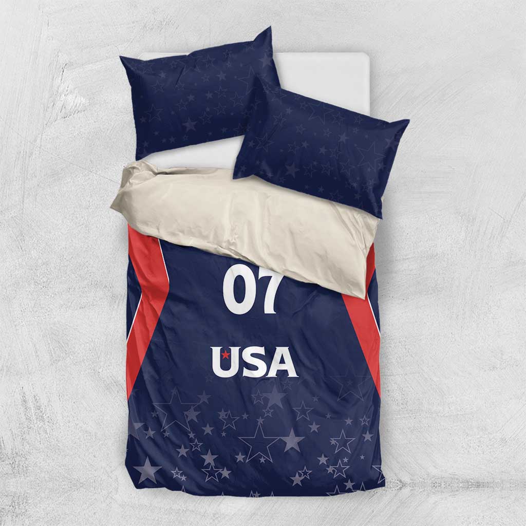 Blue and red USA duvet set with '07' and 'USA' text, plus 2 navy pillow shams