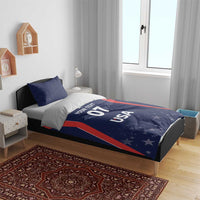 Blue and red USA bedding set with 'YOUR TEXT 07' and 'USA' duvet cover, 2 shams