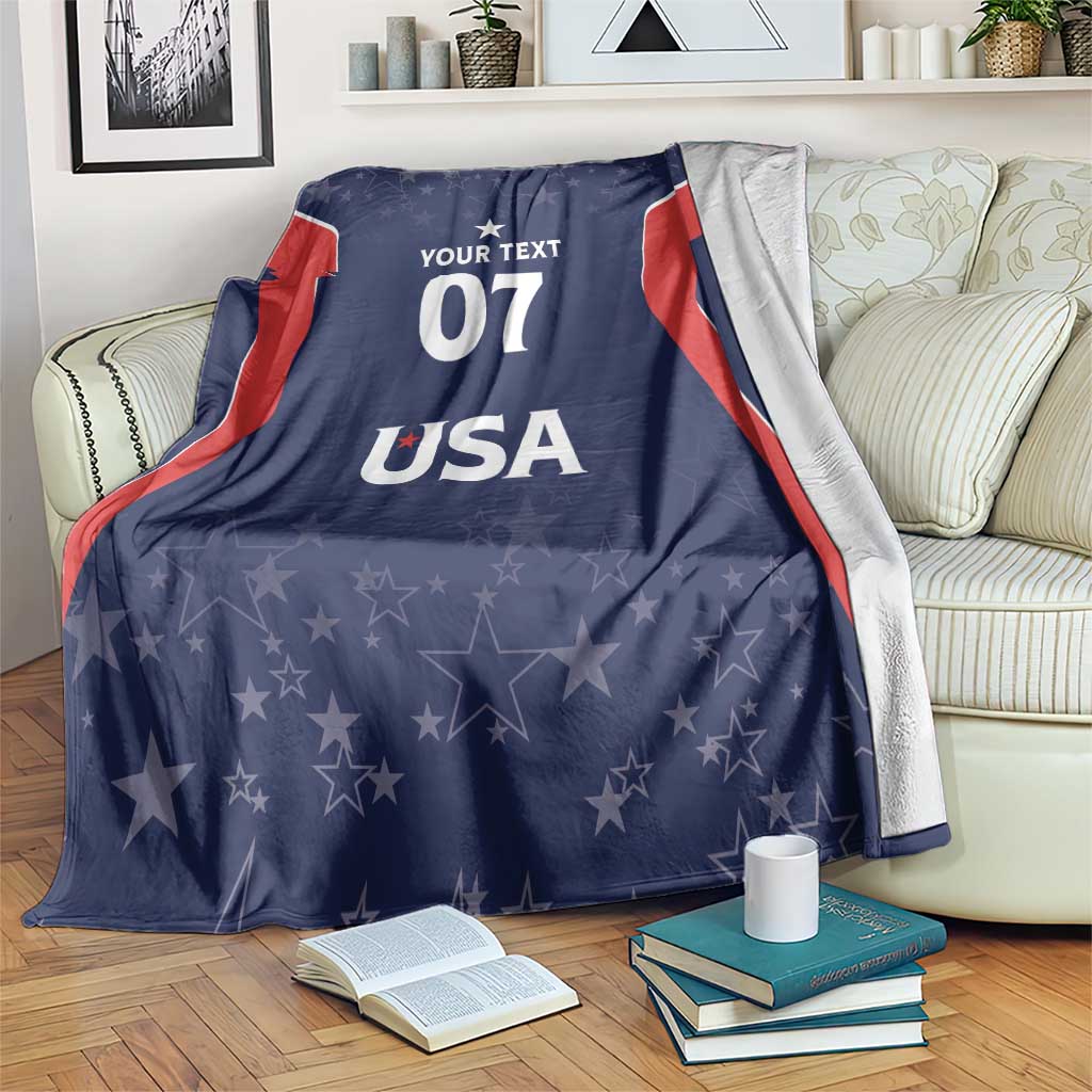 Navy USA blanket with red trim, star pattern, and 'YOUR TEXT 07 USA' print