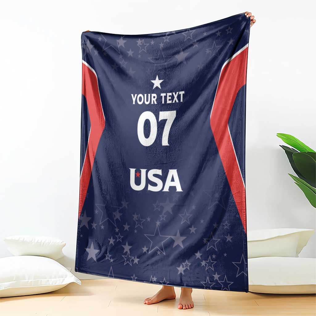 Folded navy USA-themed blanket with red stripe edges, stars, and 'YOUR TEXT 07 USA'
