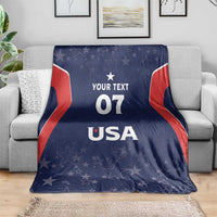 Navy custom USA blanket with red-and-white stripes, stars, and 'YOUR TEXT 07 USA' text